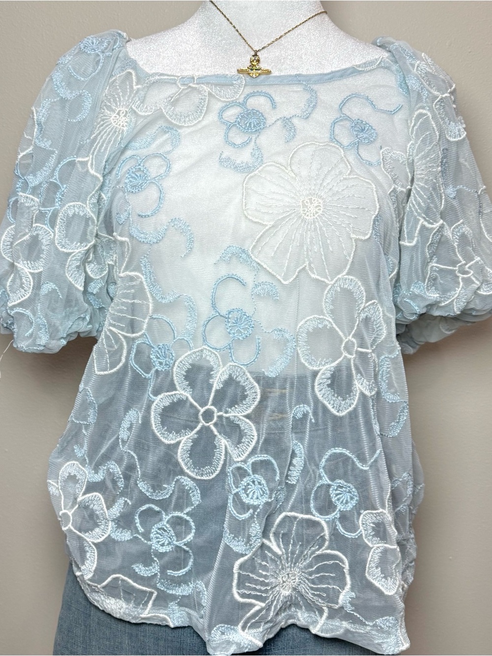 Light Blue Floral Mesh Puff-Sleeve Women's XL Sheer Cottagecore Fairy Top